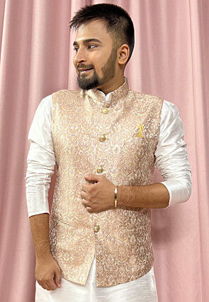 Woven Art Silk Jacquard Nehru Jacket in Beige