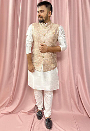 Woven Art Silk Jacquard Nehru Jacket in Beige