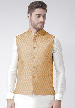 Woven Art Silk Jacquard Nehru Jacket in Beige