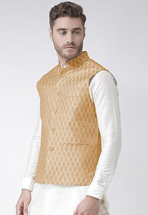 Woven Art Silk Jacquard Nehru Jacket in Beige