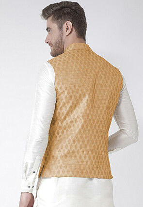Woven Art Silk Jacquard Nehru Jacket in Beige