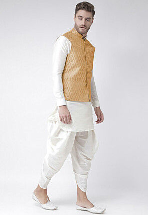 Woven Art Silk Jacquard Nehru Jacket in Beige
