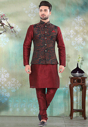 Woven Art SIlk Jacquard Nehru Jacket in Black