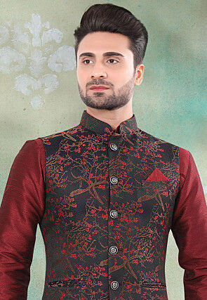 Woven Art SIlk Jacquard Nehru Jacket in Black
