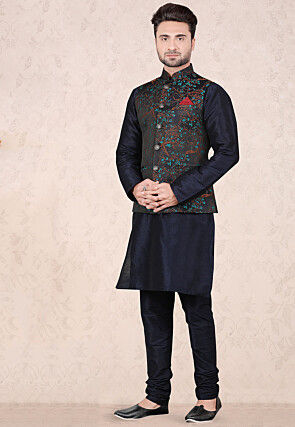 Woven Art SIlk Jacquard Nehru Jacket in Black