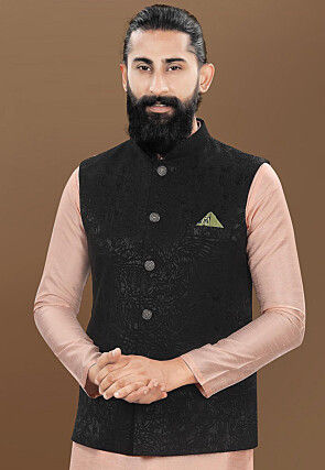 Woven Art Silk Jacquard Nehru Jacket in Black