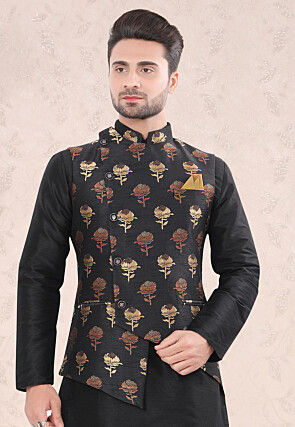Woven Art Silk Jacquard Asymmetric Nehru Jacket in Black
