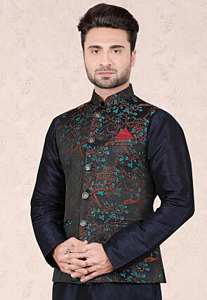 Woven Art Silk Jacquard Nehru Jacket in Black