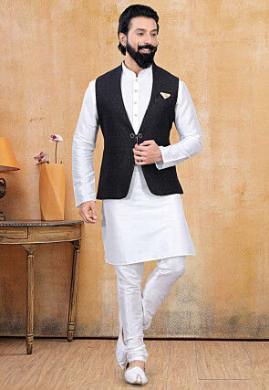 Woven Art Silk Jacquard Nehru Jacket in black