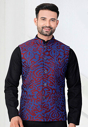 Woven Art Silk Jacquard Nehru Jacket in Blue