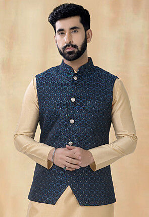 Woven Art Silk Jacquard Nehru Jacket in Blue