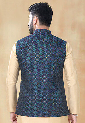 Woven Art Silk Jacquard Nehru Jacket in Blue
