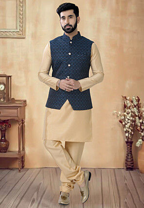 Woven Art Silk Jacquard Nehru Jacket in Blue