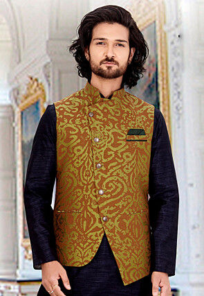 Woven Art Silk Jacquard Asymmetric Nehru Jacket in Brown
