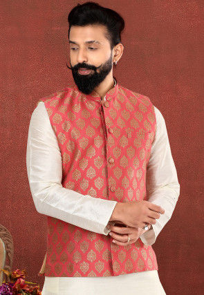 Woven Art Silk Jacquard Nehru Jacket in Coral Red