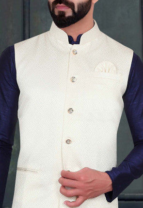 Woven Art Silk Jacquard Nehru Jacket in Cream