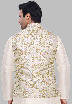 Woven Art Silk Jacquard Nehru Jacket in Cream