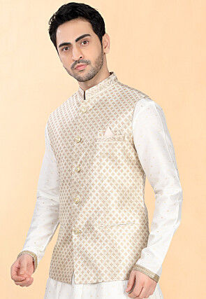 Woven Art Silk Jacquard Nehru Jacket in Cream
