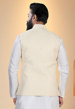 Woven Art Silk Jacquard Nehru Jacket in Cream