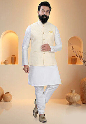 Woven Art Silk Jacquard Nehru Jacket in Cream