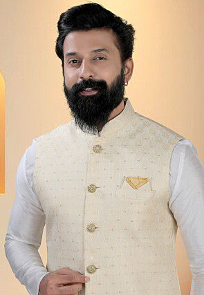 Woven Art Silk Jacquard Nehru Jacket in Cream