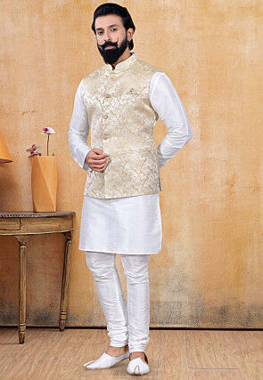 Woven Art Silk Jacquard Nehru Jacket in Cream