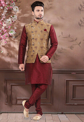 Woven Art Silk Jacquard Nehru Jacket in Dark Beige