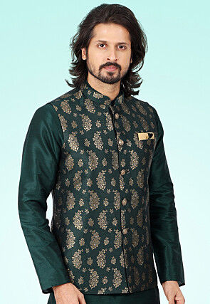 Woven Art Silk Jacquard Nehru Jacket in Dark Green