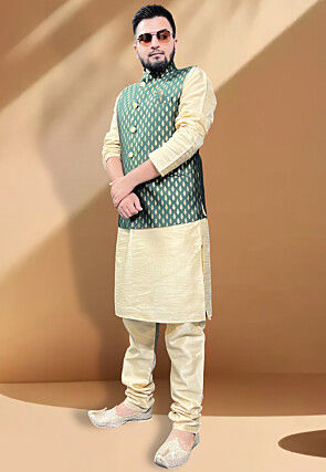 Woven Art Silk Jacquard Nehru Jacket in Dark Green