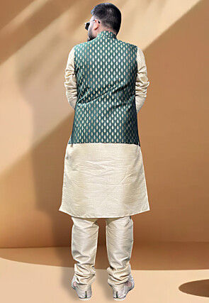 Woven Art Silk Jacquard Nehru Jacket in Dark Green
