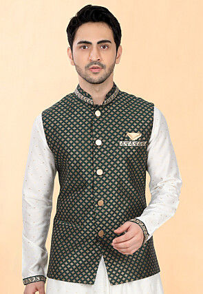 Woven Art Silk Jacquard Nehru Jacket in Dark Green
