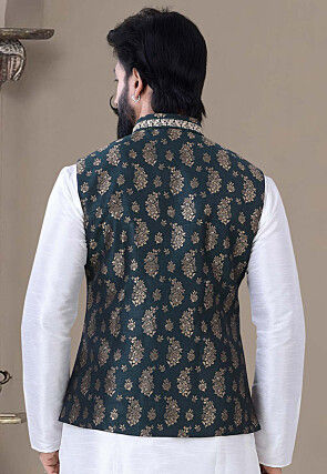 Woven Art Silk Jacquard Nehru Jacket in Dark Green