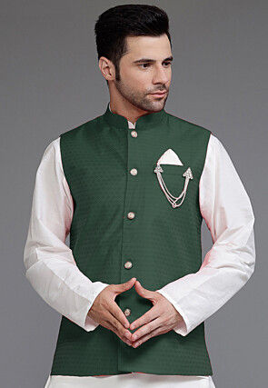 Woven Art Silk Jacquard Nehru Jacket in Dark Green