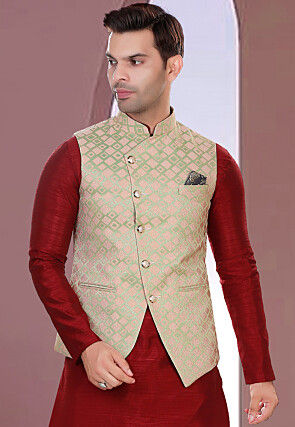 Woven Art Silk Jacquard Nehru Jacket in Dusty Green
