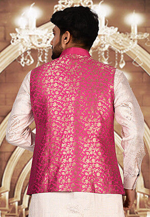 Woven Art Silk Jacquard Nehru Jacket in Fuchsia