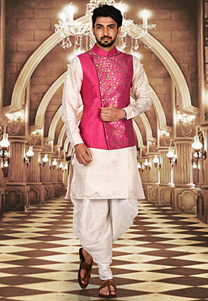 Woven Art Silk Jacquard Nehru Jacket in Fuchsia