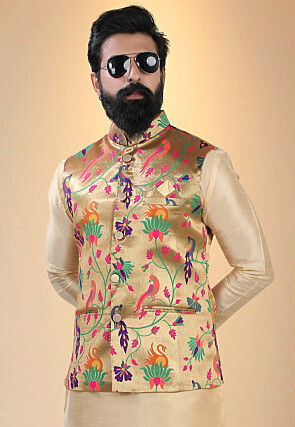 Woven Art Silk Jacquard Nehru Jacket in Golden