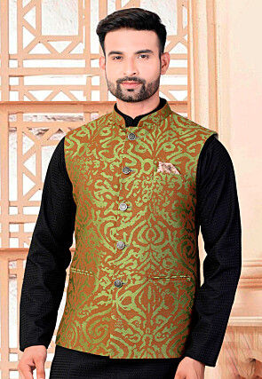 Woven Art Silk Jacquard Nehru Jacket in Green and Brown
