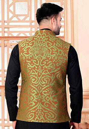 Woven Art Silk Jacquard Nehru Jacket in Green and Brown
