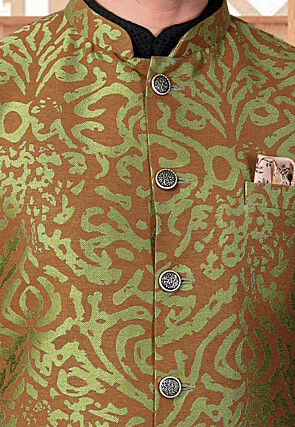 Woven Art Silk Jacquard Nehru Jacket in Green and Brown