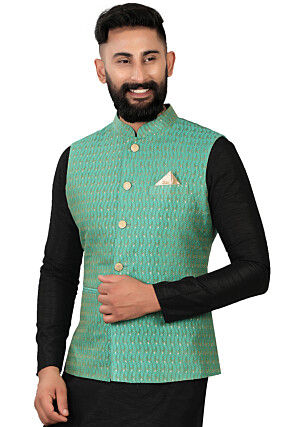 Woven Art Silk Jacquard Nehru Jacket in Green