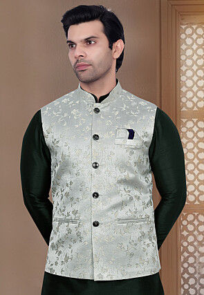 Woven Art Silk Jacquard Nehru Jacket in Grey