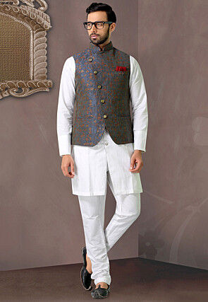 Woven Art Silk Jacquard Nehru Jacket in Grey