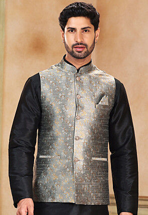 Woven Art Silk Jacquard Nehru Jacket in Grey