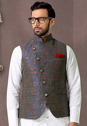 Woven Art Silk Jacquard Nehru Jacket in Grey