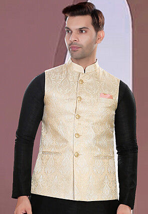 Woven Art Silk Jacquard Nehru Jacket in Light Beige