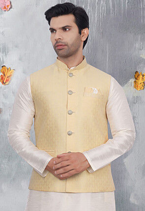 Woven Art Silk Jacquard Nehru Jacket in Light Beige