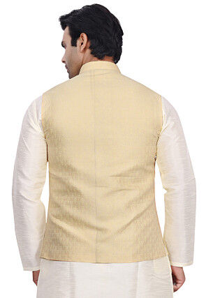 Woven Art Silk Jacquard Nehru Jacket in Light Beige