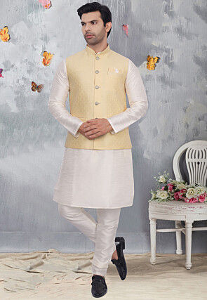 Woven Art Silk Jacquard Nehru Jacket in Light Beige