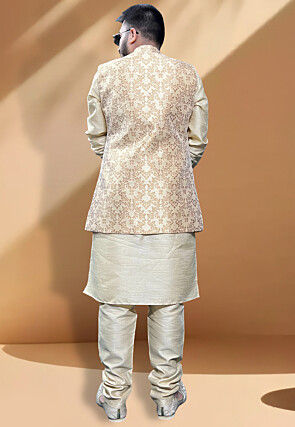 Woven Art Silk Jacquard Nehru Jacket in Light Beige